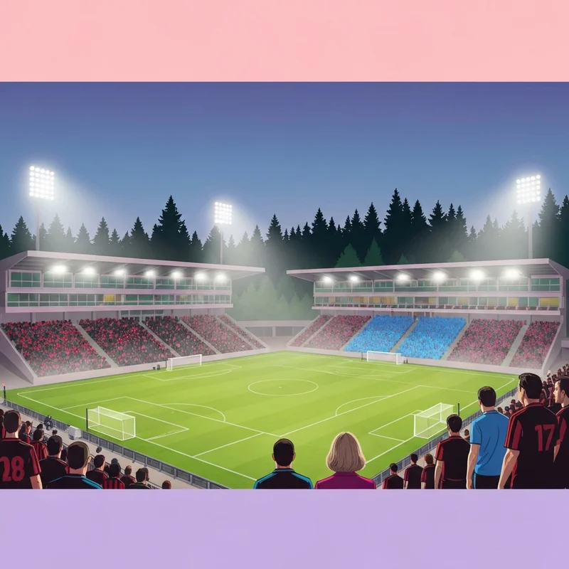 A cinematic wide shot of a soccer stadium at night featuring the Vancouver Football Club - Cruz Azul match atmosphere with bright lights and a packed crowd.