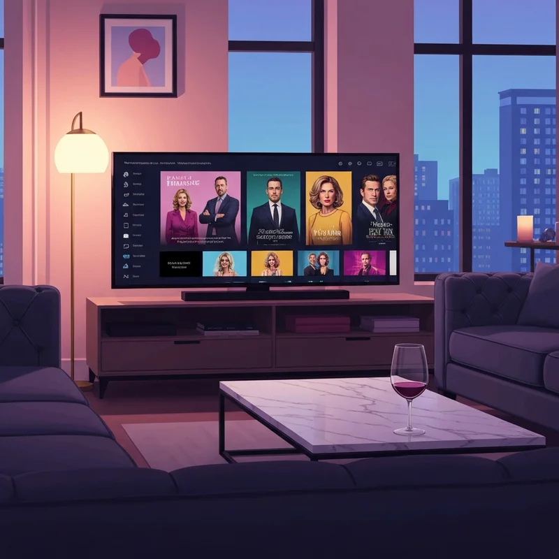 A cozy modern living room setup with a high-definition screen displaying the Max interface and a list of the best shows on hbo max.