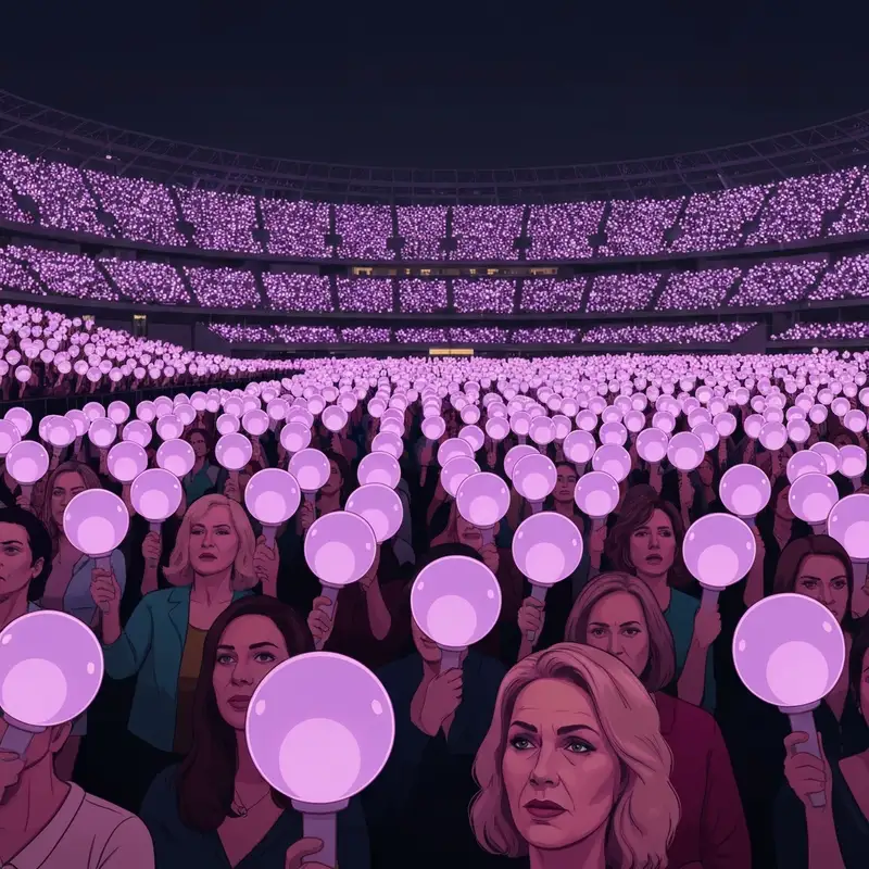 The new BTS lightsticks Ver 4 glowing purple in a stadium crowd during a concert.