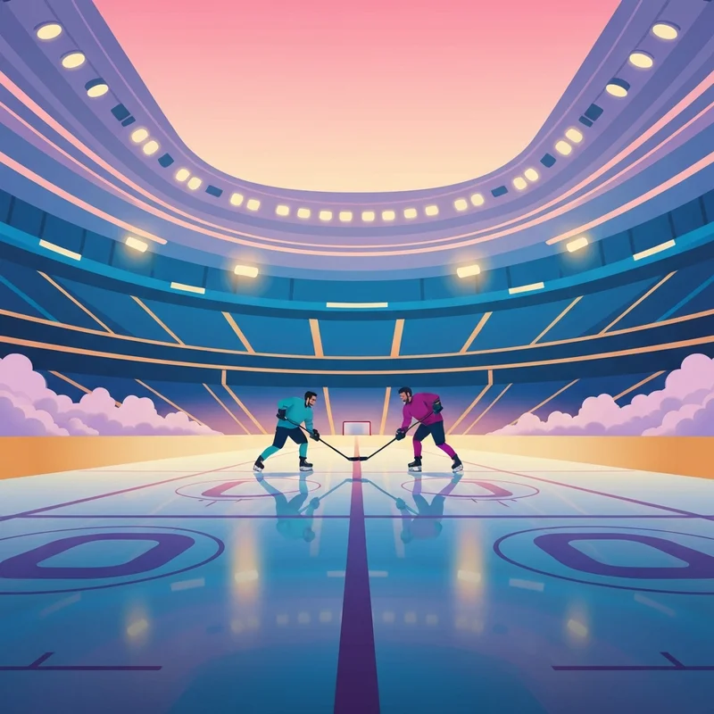 A dramatic cinematic view of a hockey arena with a blue and gold atmosphere, representing the Sabres vs Lightning rivalry.