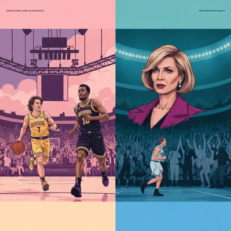 Cinematic shot of a basketball arena during a Lakers vs Nets game, high-intensity action and vibrant colors.