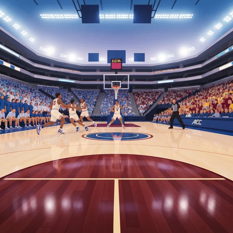 A cinematic high-energy shot of a basketball game featuring a royal blue team and a maroon and gold team in a packed arena, highlighting the boston college vs duke rivalry.