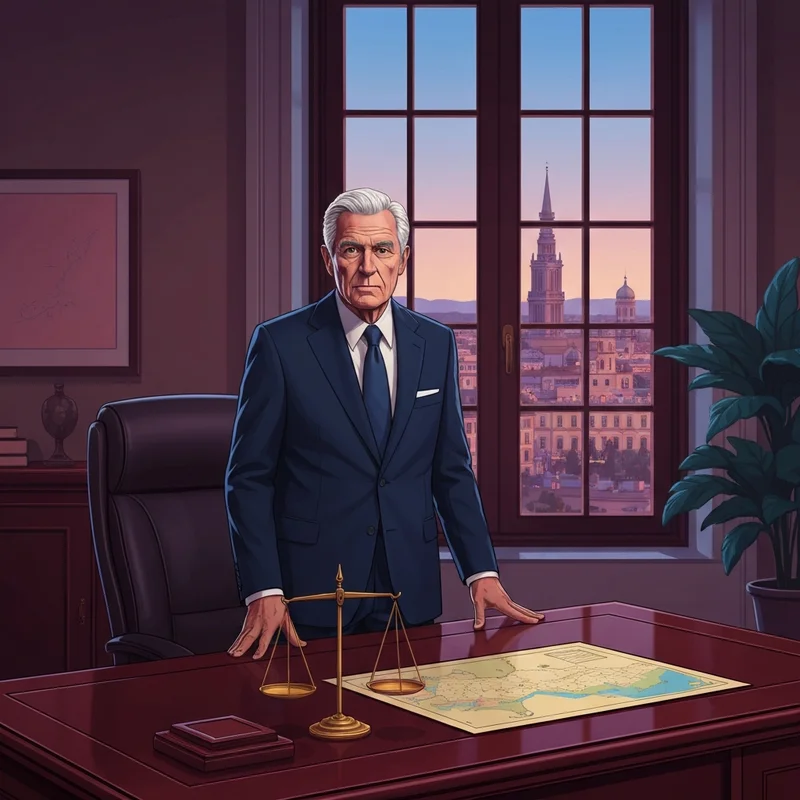 A sophisticated digital portrait of a seasoned statesman, Benjamin Netanyahu, set against a backdrop of modern Jerusalem and international law symbols.