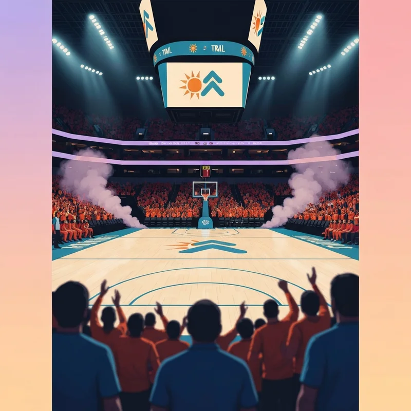 Cinematic wide shot of the Phoenix Suns vs Trail Blazers game at the Moda Center under bright stadium lights.