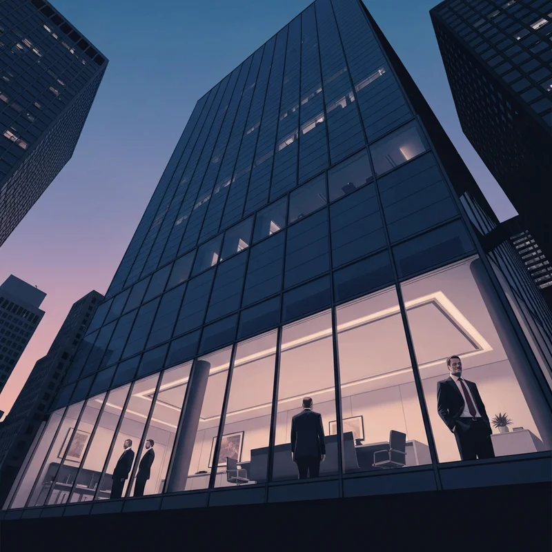 Cinematic view of a modern Manhattan law firm office at dusk with Brad Karp news relevance.