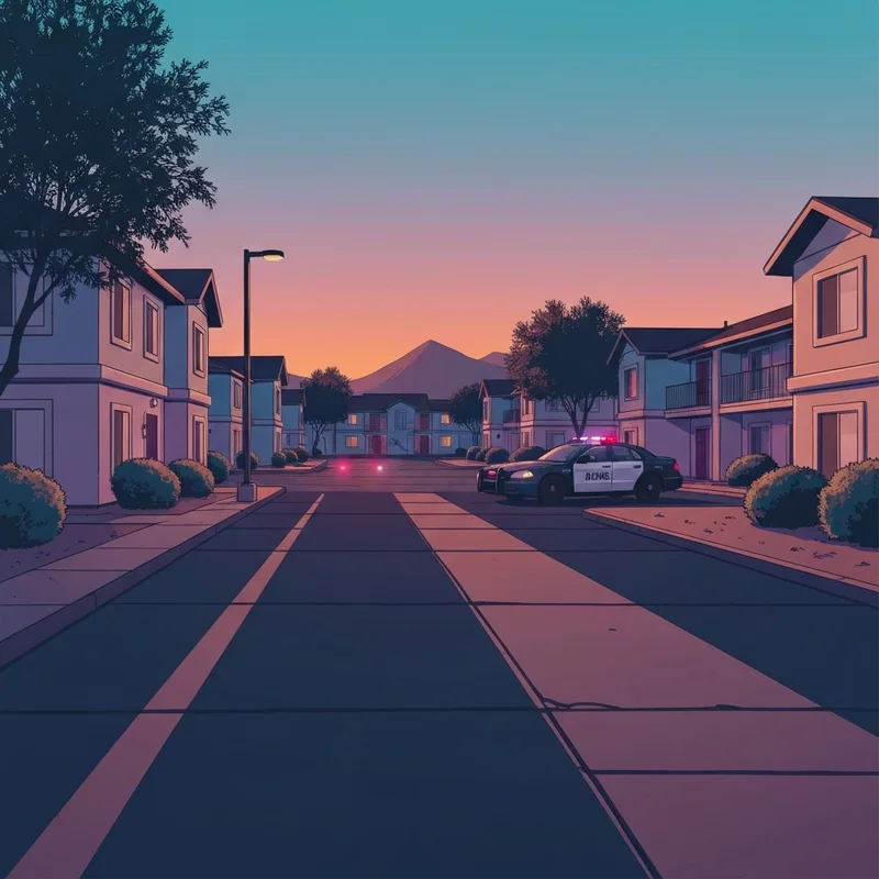 A somber aerial view of a residential complex in Las Vegas, representing the Quinton Baker case location.