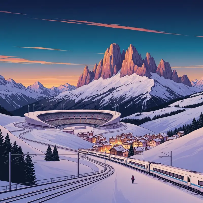 A cinematic view of the 2026 Winter Olympics venues in the Italian Dolomites at sunset with the Olympic rings visible on a mountain slope.