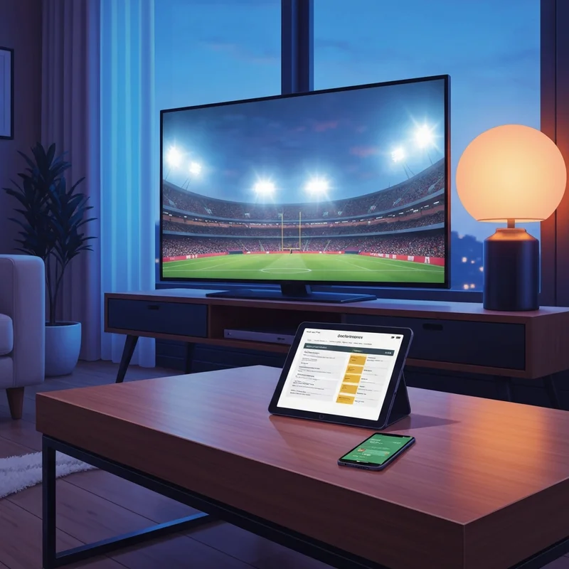 A modern living room setup with multiple screens showing a professional football game and the nfl schedule this week on a tablet.