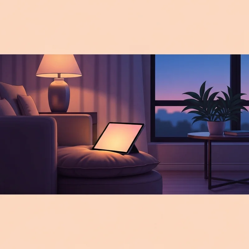 A peaceful, dimly lit room with a soft amber glow from a tablet screen, illustrating a private and secure lewd ai chatbot session.