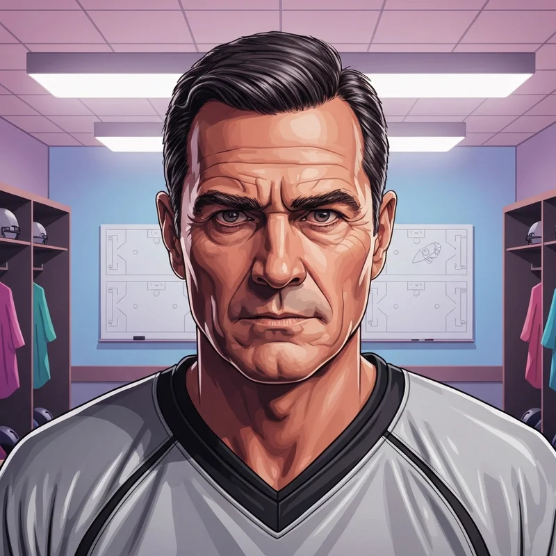 Cinematic portrait of veteran NFL quarterback Rich Gannon in a focused, analytical pose against a background of football strategy diagrams.