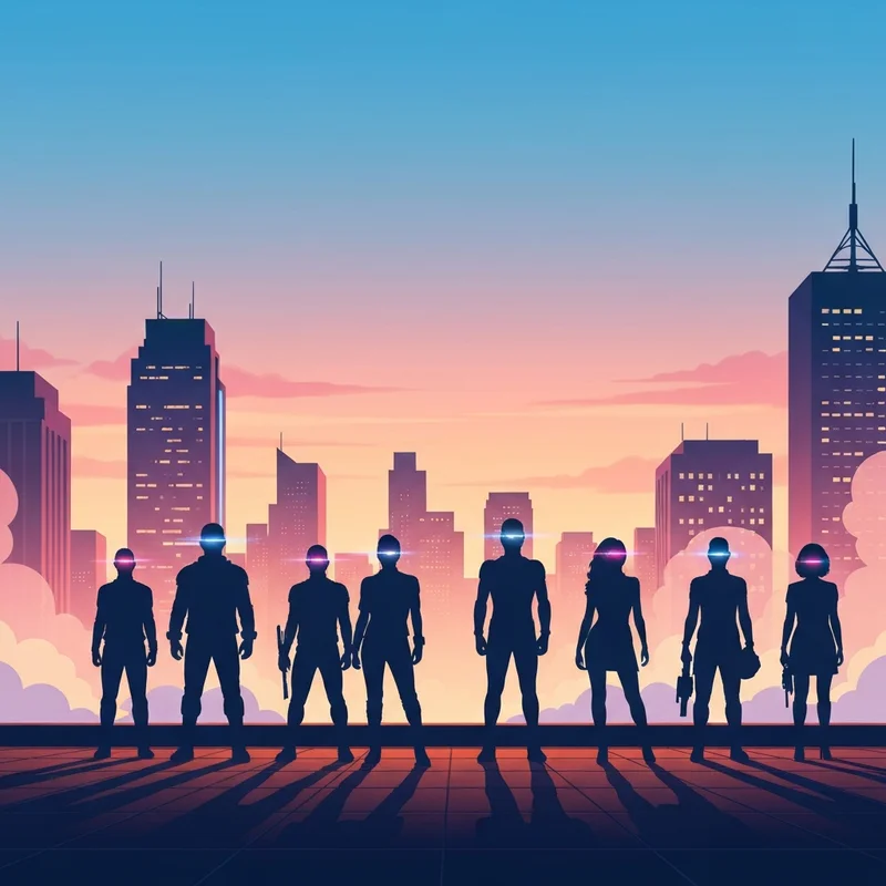 The iconic orange and white logo of Overwatch set against a high-tech futuristic city skyline with diverse hero archetypes in the background.