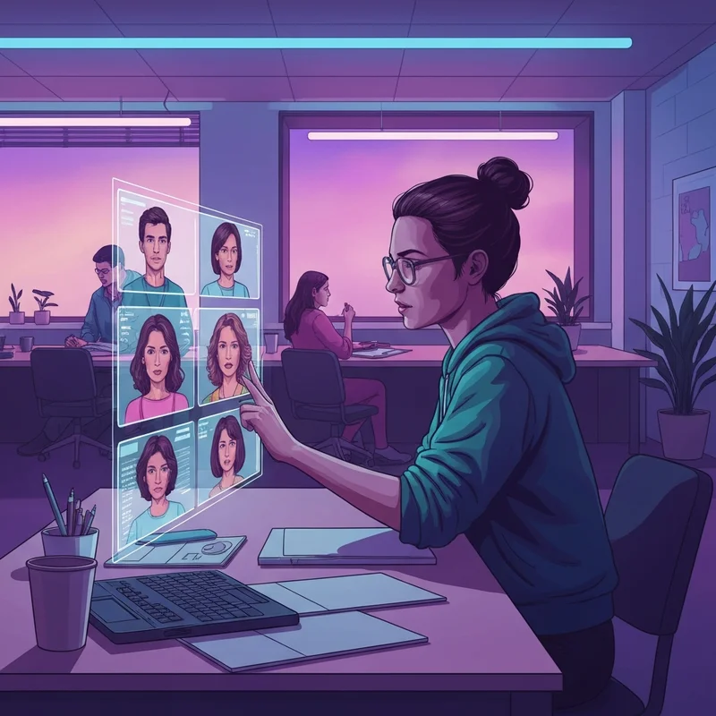 A diverse group of young adults using a high-tech ai chatbot online interface on their laptops and smartphones.