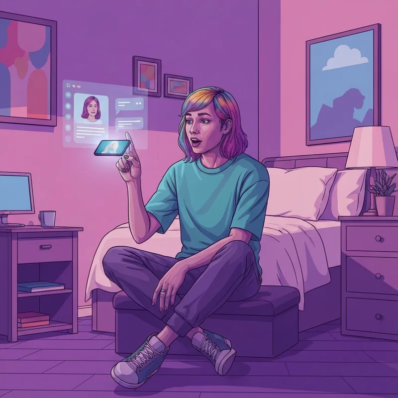 A modern young adult using a high-tech a l chat interface on a smartphone in a cozy, neon-lit room.