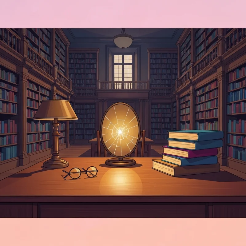 A symbolic representation of an intellectual figure's legacy, featuring a classic library with a fractured mirror reflecting the name noam chomsky.