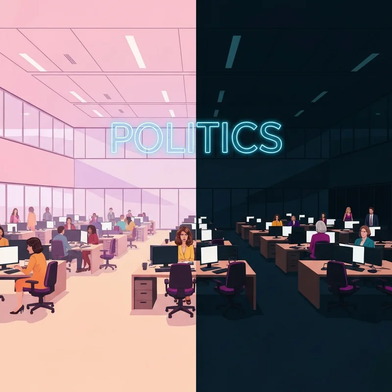 A minimalist, cinematic illustration of a newsroom with a single spotlight on a political podium, representing the washington post layoffs and strategic pivot.