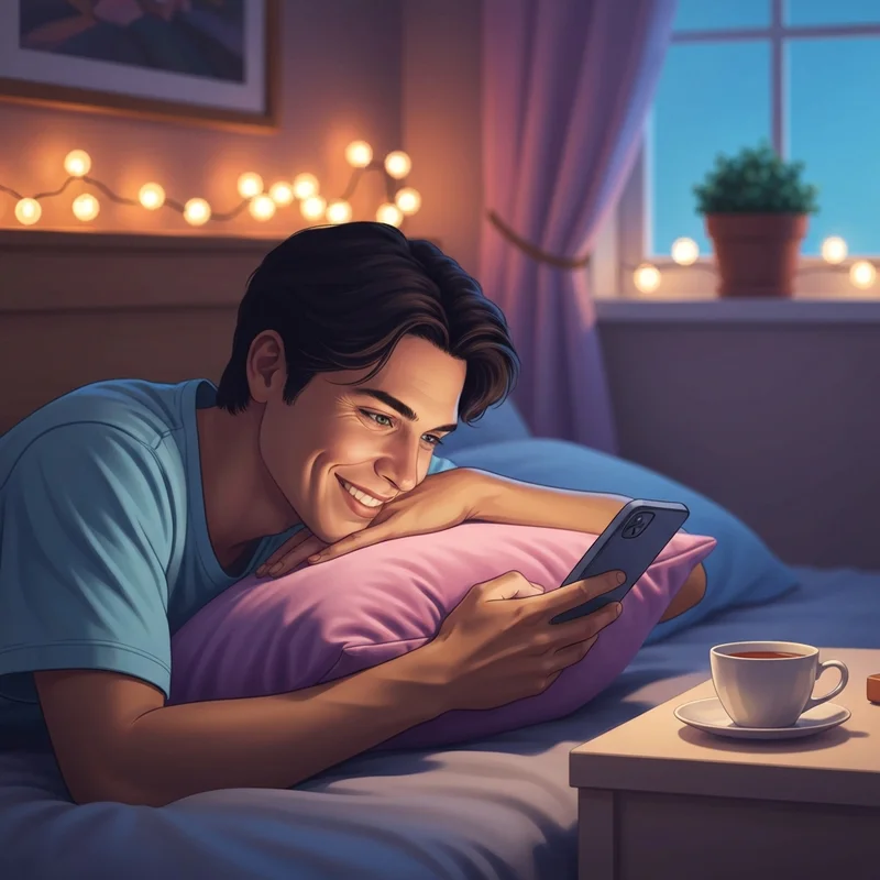 A young person sitting comfortably on a sofa at night, bathed in the soft blue glow of a smartphone, engaged in the best ai chatting experience for emotional support.