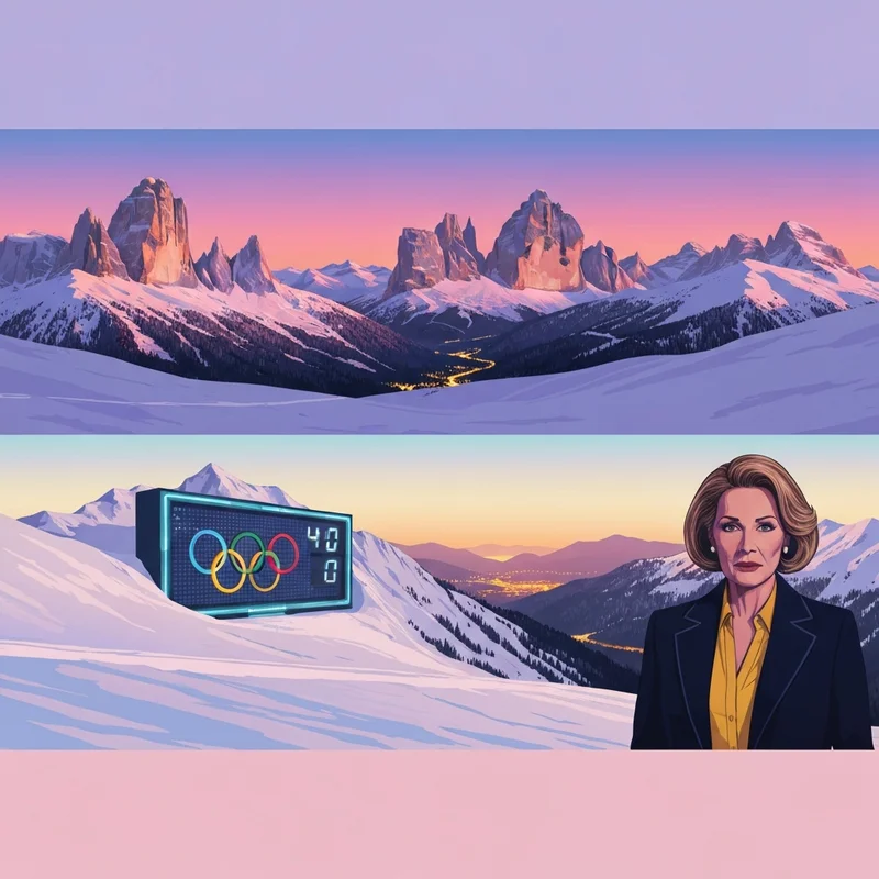 Зимние олимпийские игры – 2026 в итальянских Альпах: панорама гор и логотип на снегу.