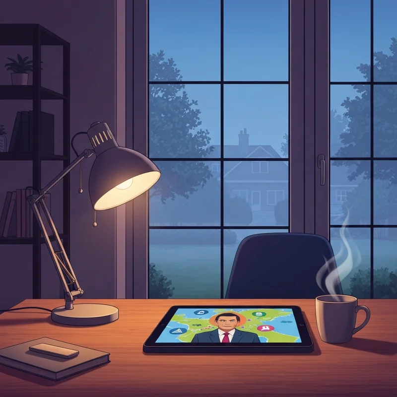 A serene, dimly lit room with a digital tablet displaying a Ukraine war briefing next to a warm cup of coffee, symbolizing the intersection of global news and personal peace.