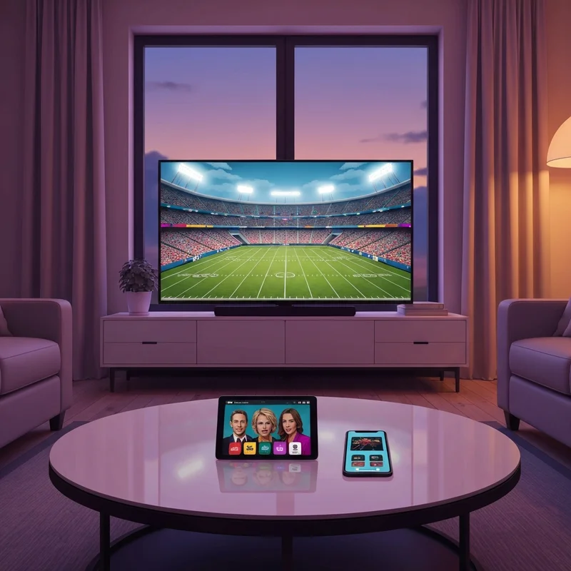 A modern living room setup showing where to watch nfl games across multiple streaming devices and a 4K TV.