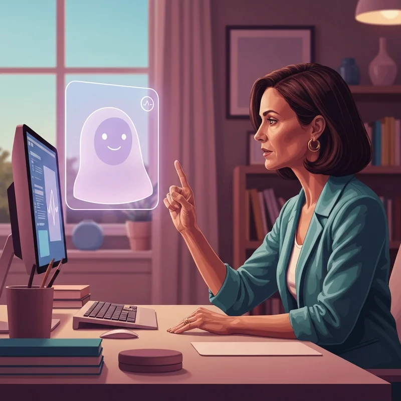 A young professional in a modern digital workspace interacting with a friendly, glowing ai bot interface representing a creative partnership.