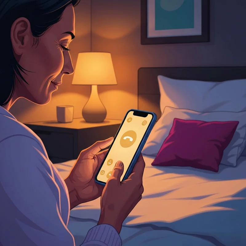 A serene person relaxing in a dimly lit room holding a glowing phone, representing a private ai sex call experience.
