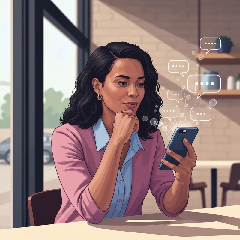 A young professional woman using a smartphone for a high-quality ai convo in a modern cafe setting.