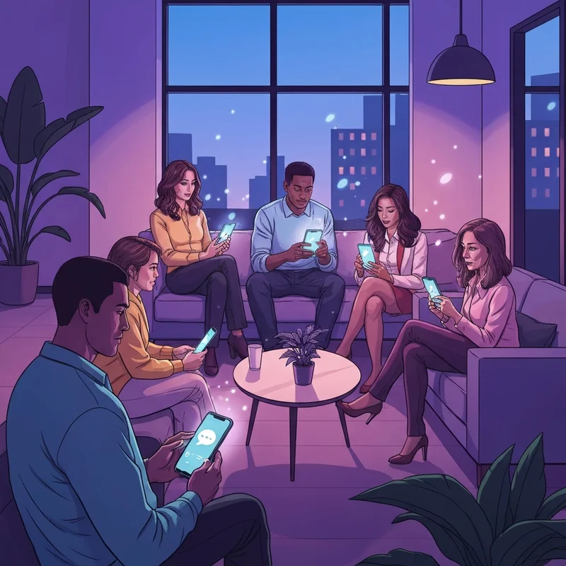 A group of diverse young adults in a cozy, neon-lit room using their mobile ai chat apps to connect and create.