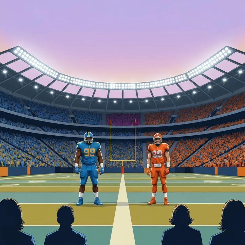 Two collegiate football players in blue and orange uniforms facing off on a stadium field, illustrating pittsburgh vs virginia rivalry.