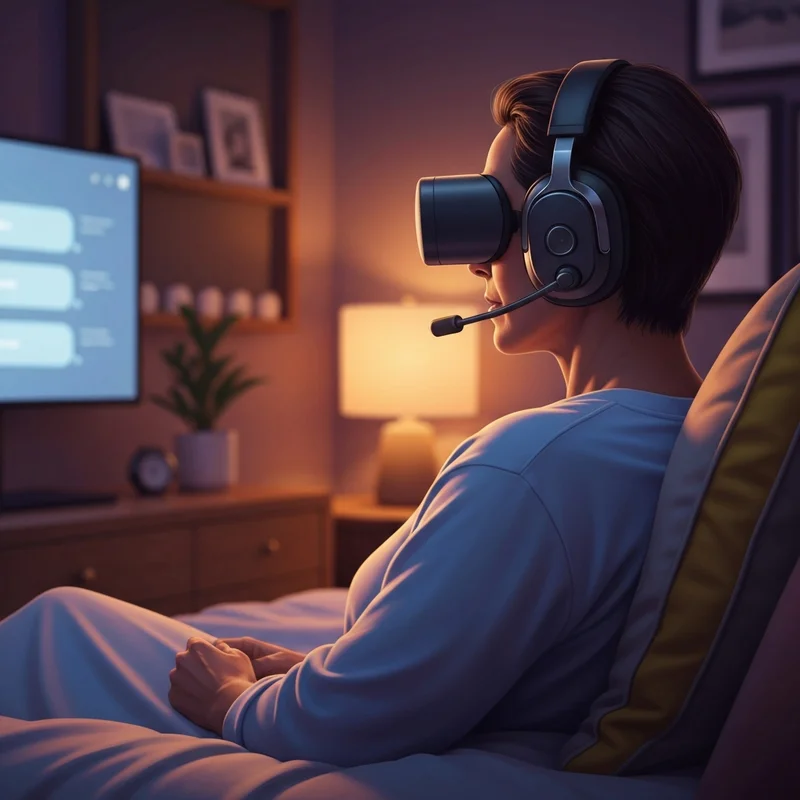A person wearing a high-quality headset in a dimly lit, cozy room with soft ambient lighting, focusing on how to use microphone with adult time ai roleplay.
