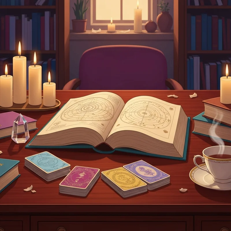 A cozy, mystical reading nook featuring an open fortune telling book, a deck of tarot cards, and a warm cup of tea under soft amber lighting.