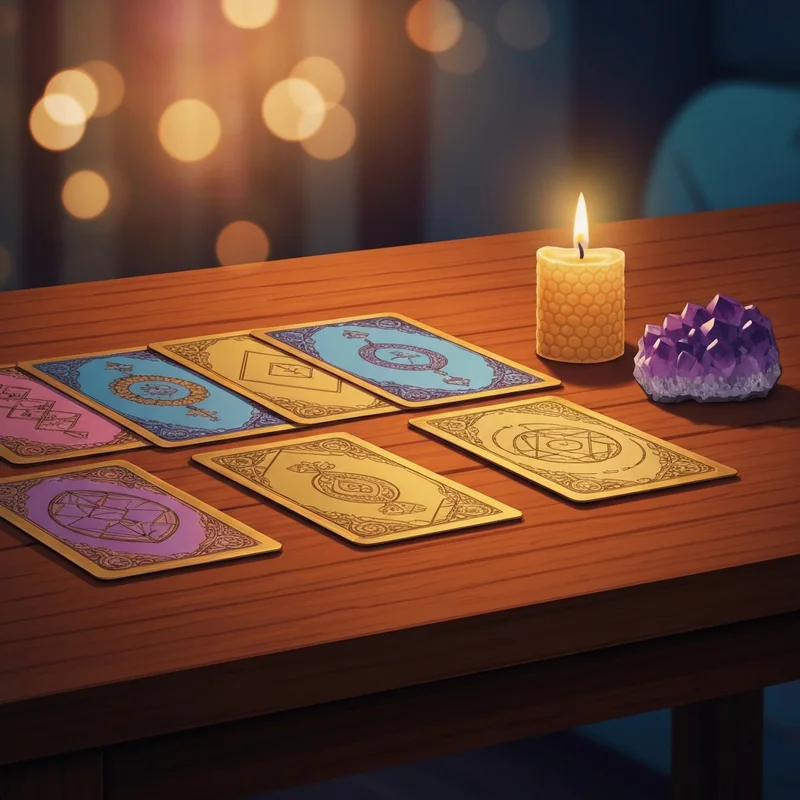 A variety of aesthetically pleasing fortune telling cards spread across a velvet cloth with a candle and crystals.