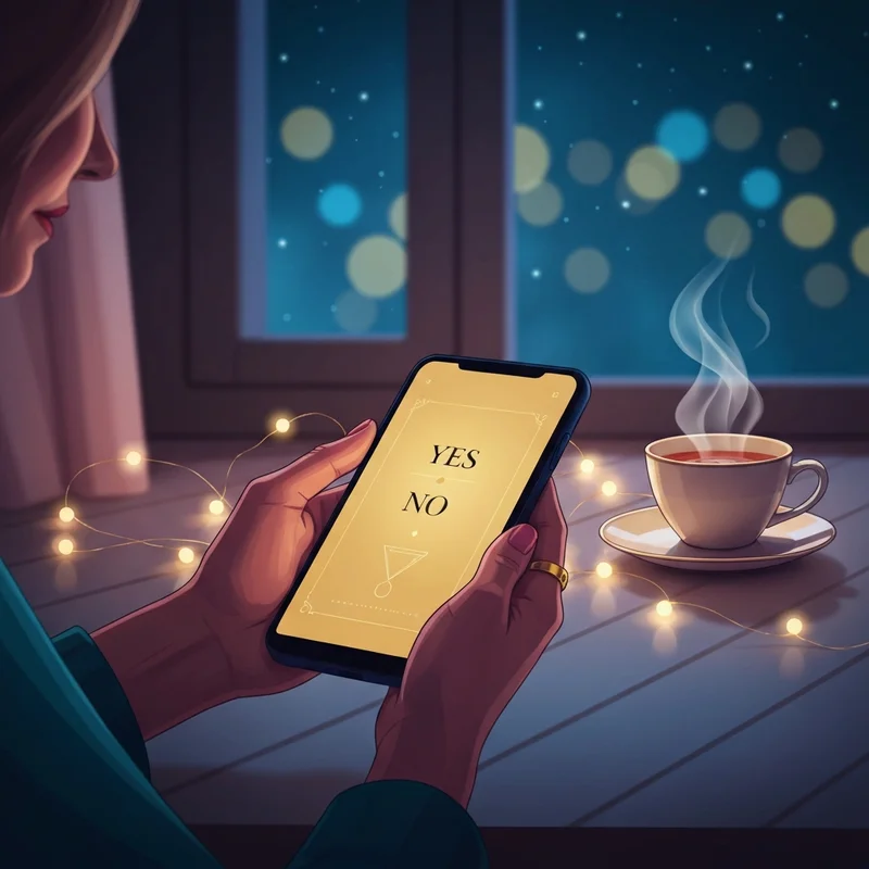 A mystical yes no oracle interface glowing on a smartphone screen held by a woman in a dark, cozy room.