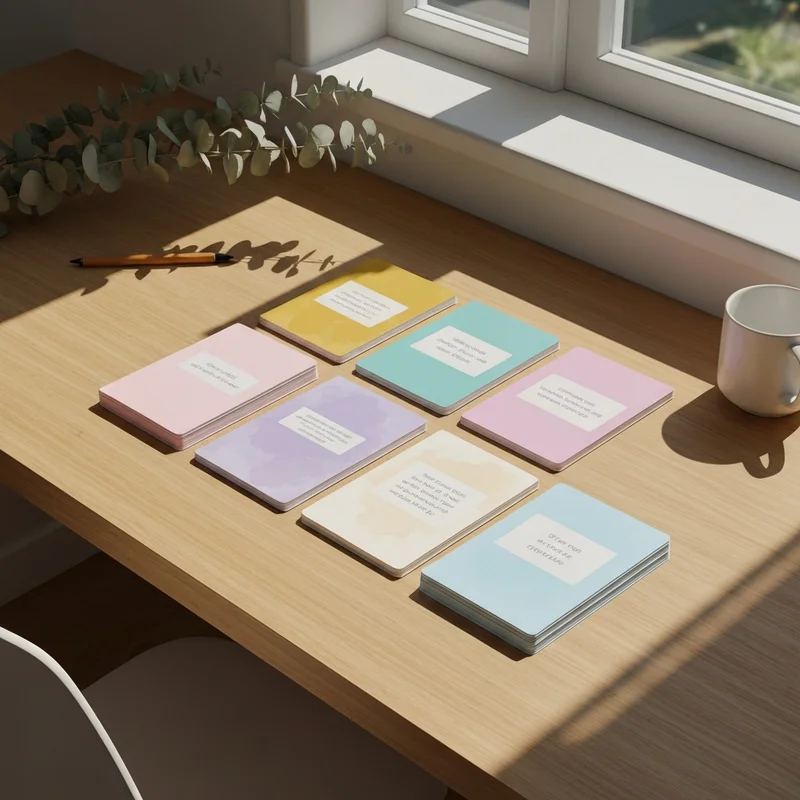 A collection of aesthetic inspiration cards on a wooden desk with soft morning light and a cup of tea.