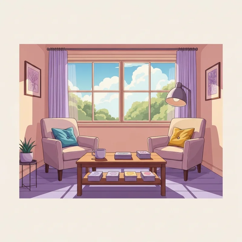 A serene therapy room with a stack of therapy conversation cards on a wooden table, symbolizing emotional connection and healing.