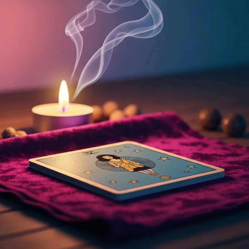 A mystical and soothing scene of a one card tarot reading with a single card illuminated by candlelight.