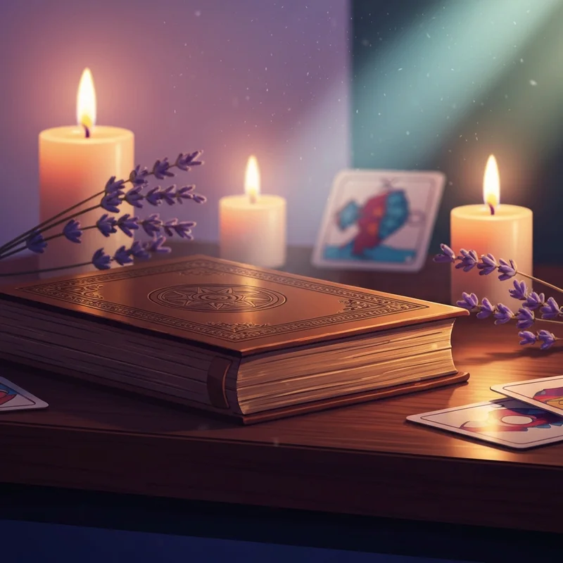 A close-up of an ancient leather-bound divination book on a dark mahogany desk with tarot cards.