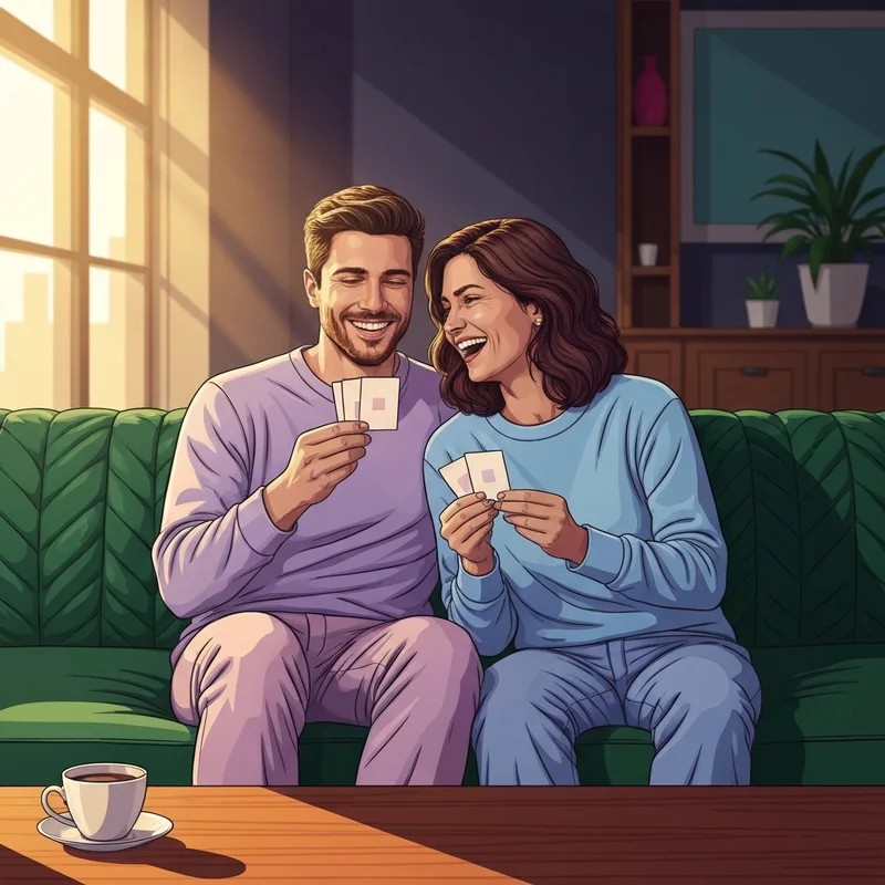 A cozy couple sitting on a velvet sofa sharing deep intimacy using couples conversation cards under warm, cinematic lighting.