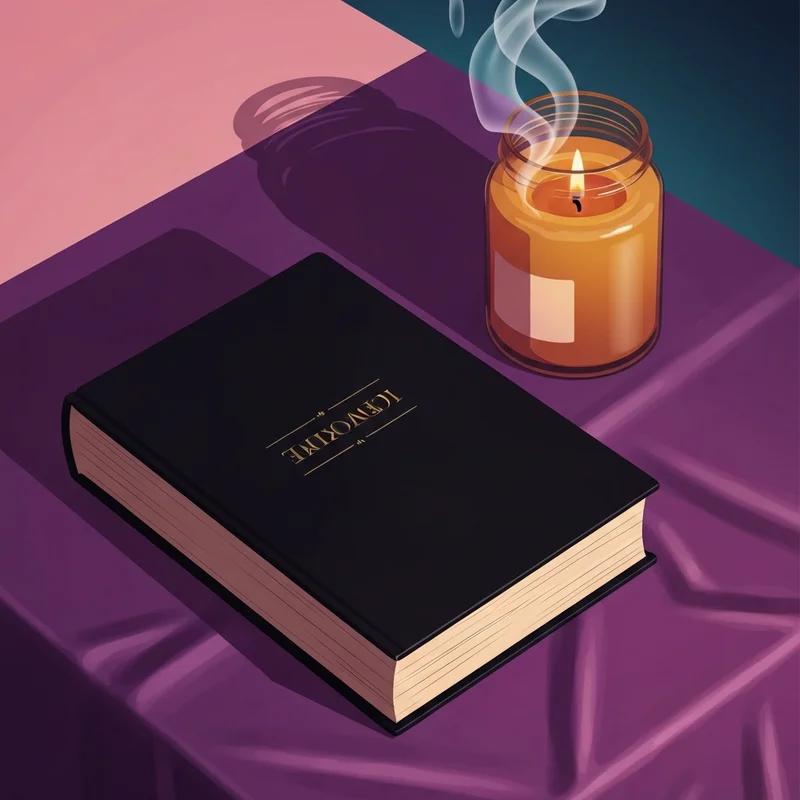 A mystical black hardcover book of answers resting on a purple velvet cloth with candlelight.