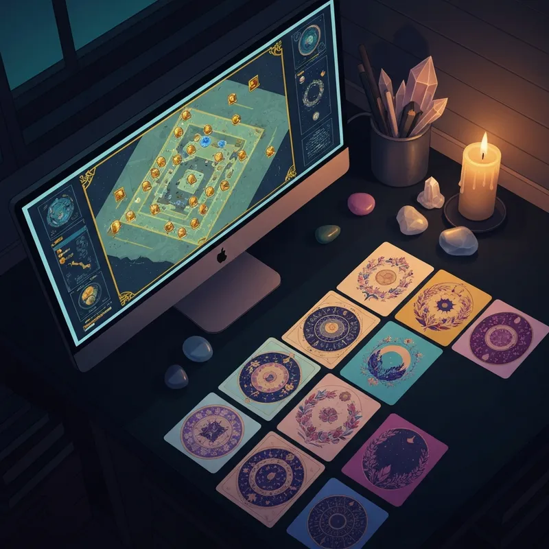 A detailed layout of various divination cards and oracle decks on a dark wooden table with soft cinematic lighting.