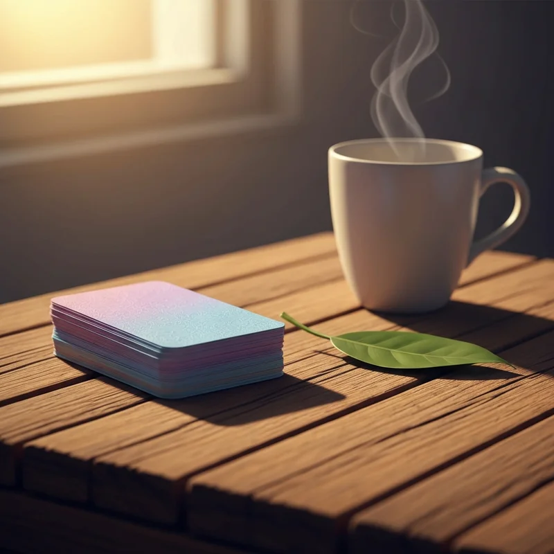 A serene arrangement of mindfulness cards on a wooden table next to a cup of herbal tea and a small succulent, representing a daily mental wellness routine.