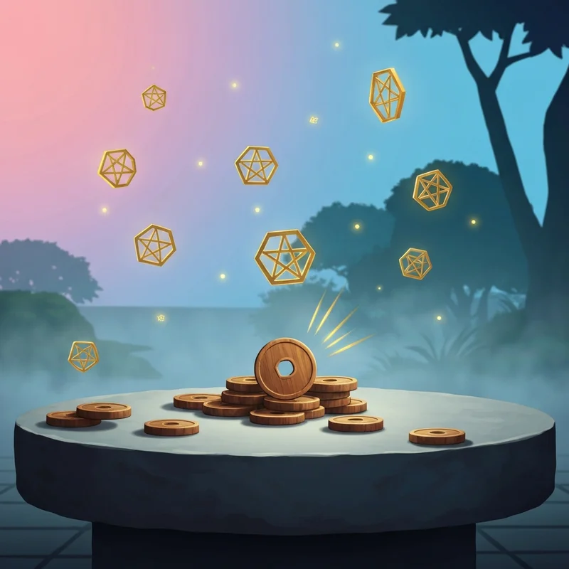 An ethereal artistic representation of the I Ching oracle hexagrams floating above a calm mountain lake at sunset.