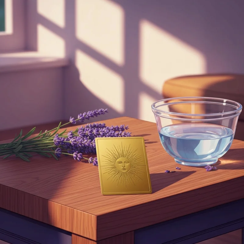 A serene spiritual sanctuary with a gold-foiled tarot card on a wooden table, perfect for those searching where to find major arcana.