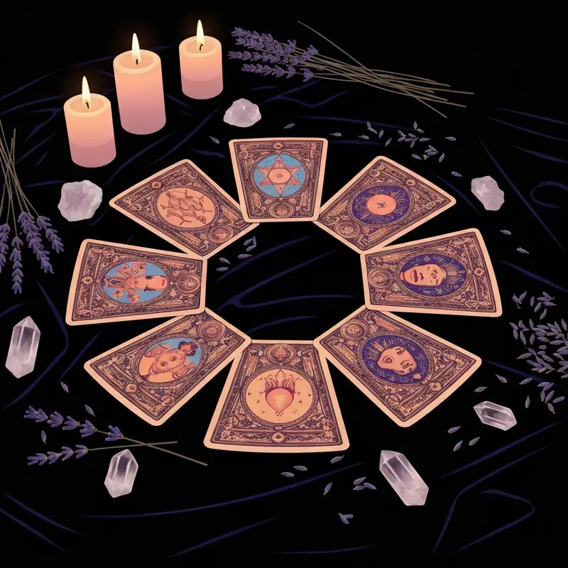 A peaceful aesthetic scene showing 7 card tarot spreads laid out on a silk cloth with a candle and crystals.