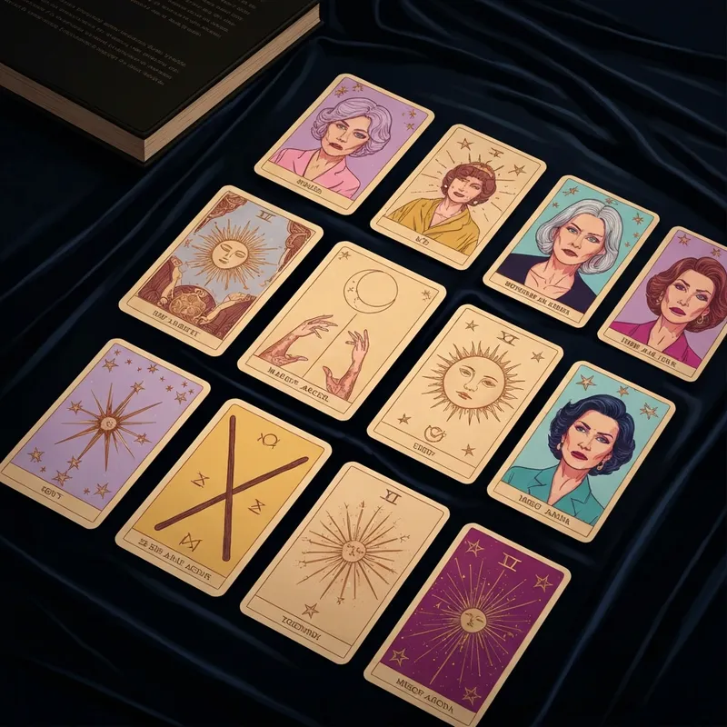 A complete 78-card tarot deck spread out in a fan shape, showing the distinct Major Arcana and Minor Arcana suits in a mystical setting.