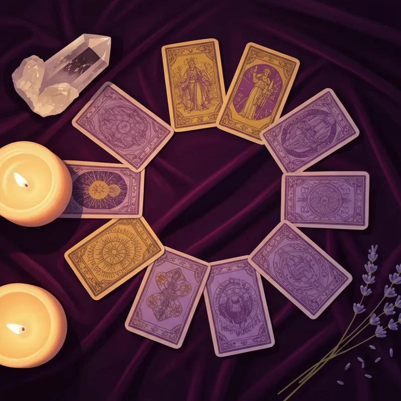 A serene 7 card tarot reading layout on a velvet cloth with candles and crystals.
