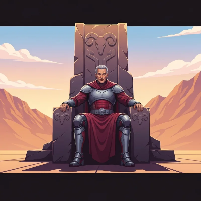 A regal figure seated on a stone throne with ram heads, representing the 4th tarot card birth card and the power of The Emperor.