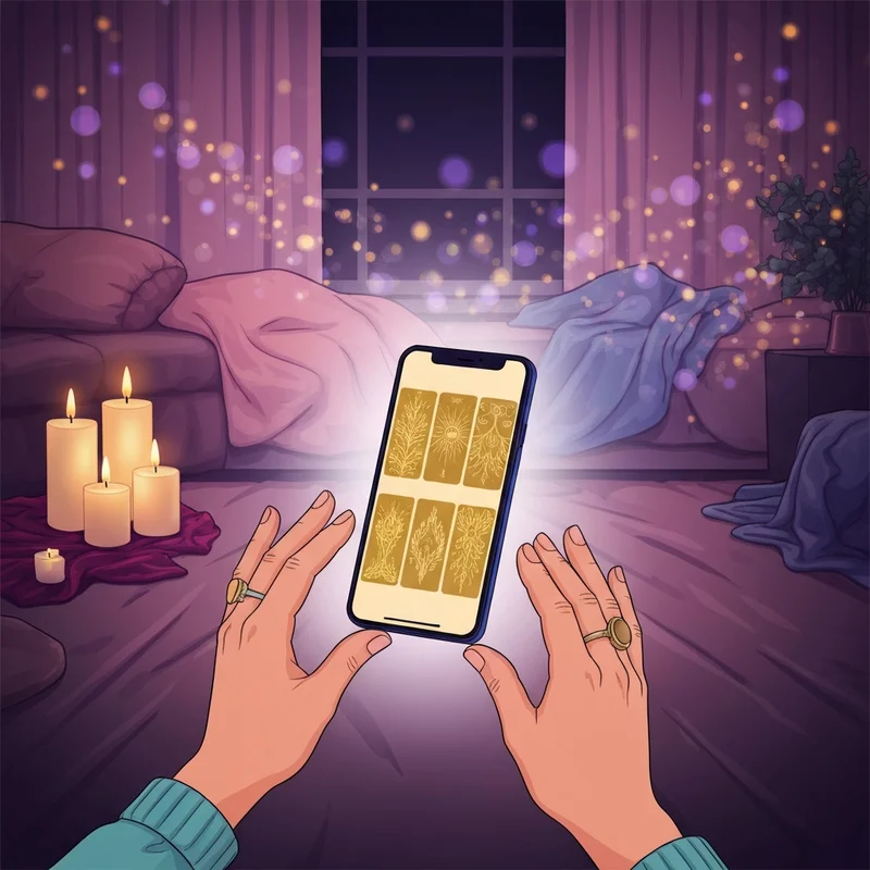 A serene digital workspace with a glowing smartphone displaying a complex free tarot spread layout surrounded by crystals and a warm cup of tea.