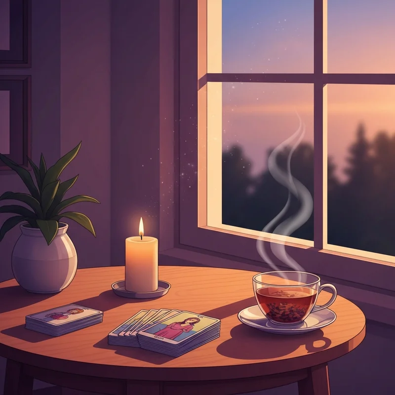 A peaceful and aesthetic setting for a personal reading with tarot cards and a candle.