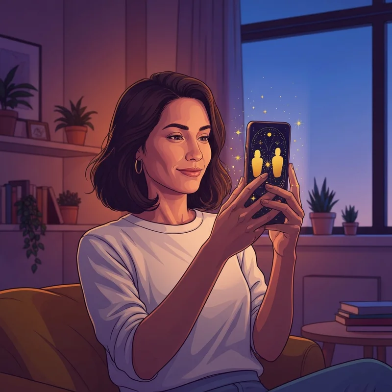 A woman sitting in a dimly lit, cozy room looking at a glowing phone screen featuring mystical symbols for a free fortune reading.