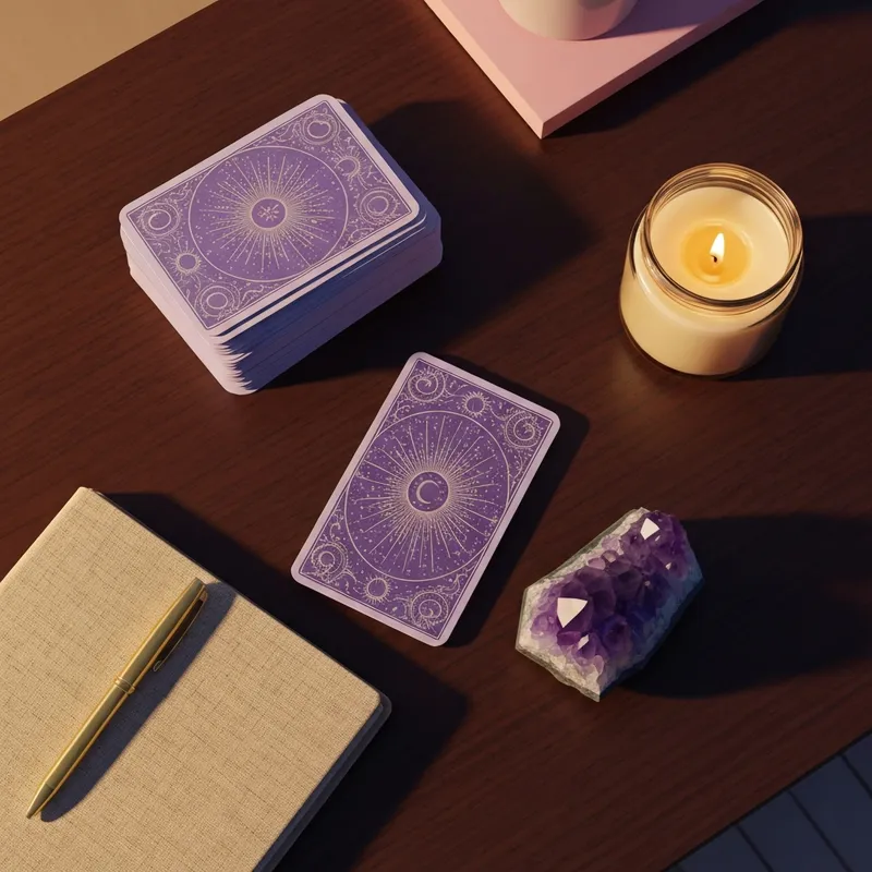 An aesthetic tarot reading guide setup with a deck, crystals, and a candle.